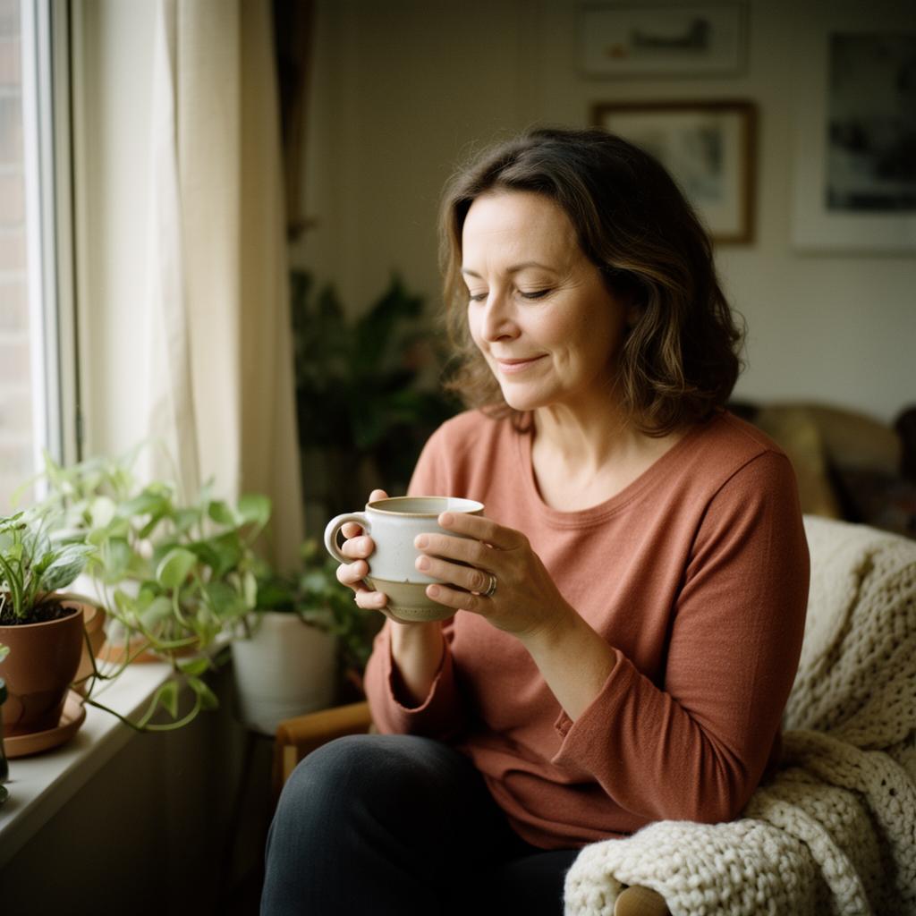 Woman sitting calmly by a sunlit window holding a warm mug